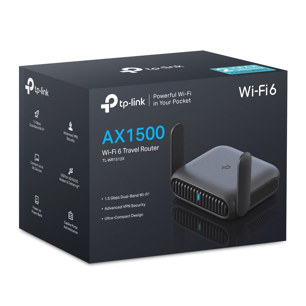 TP-Link TL-WR1512X AX1500 Wi-Fi 6 Travel Router, weighs 190g. Ideal for AR/VR gaming, 4K streaming, and video conferencing.