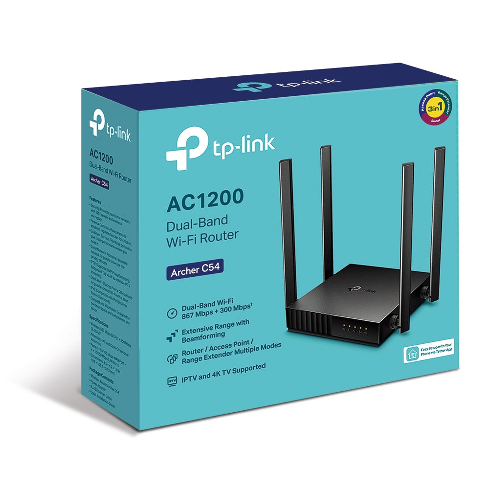TP-Link Archer C54 AC1200 Dual Band Wi-Fi Router  4 เสาสัญญาณและ Beamforming  เหมาะสตรีมวิดิโอ 4K  ดาวน์โหลดความเร็วสูง