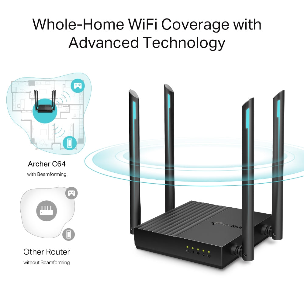 TP-Link Archer C64 AC1200 Wireless MU-MIMO WiFi Router 4 เสาภายนอก พร้อม Beamforming Technology ส่งสัญญาณครอบคลุม