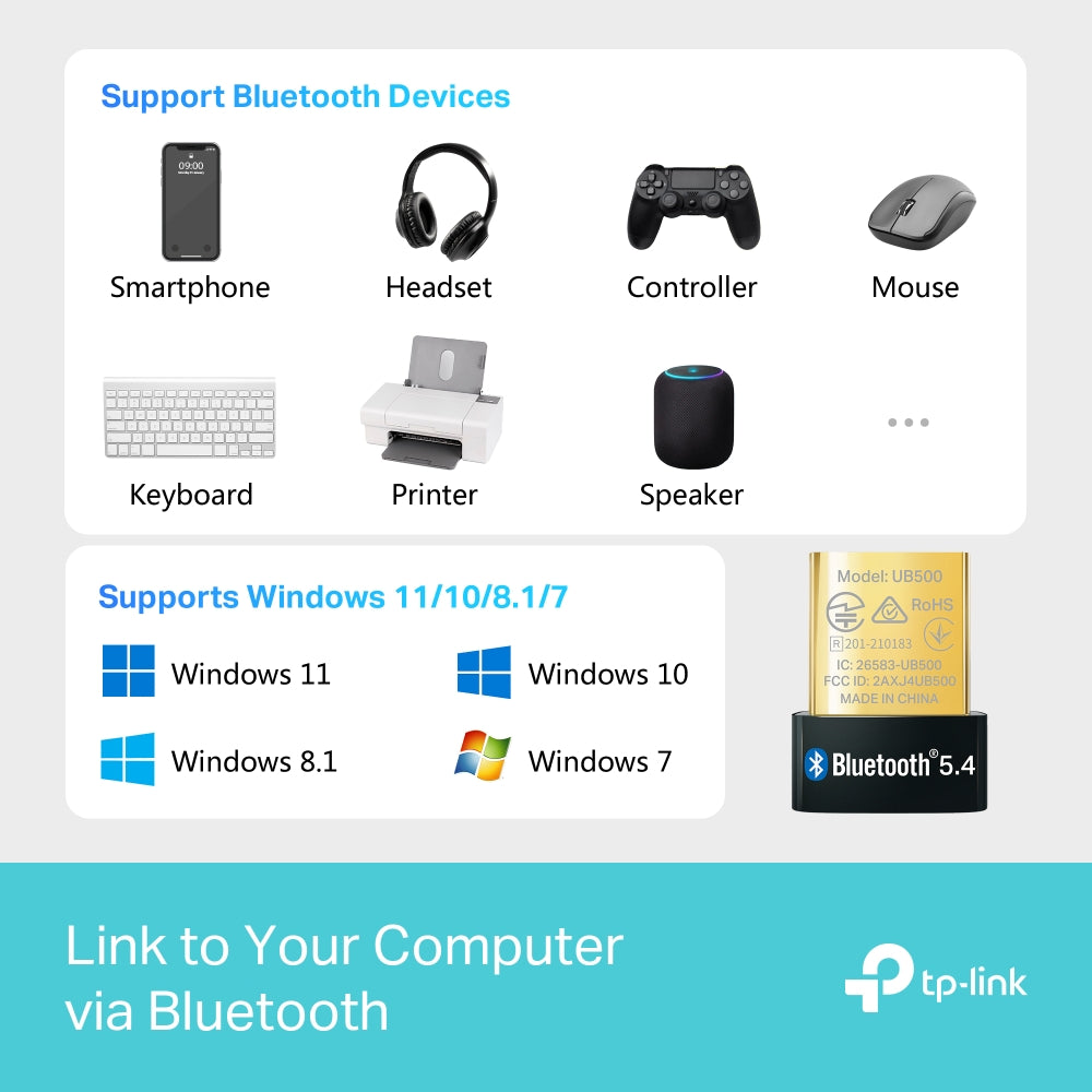 TP-Link UB500 Bluetooth 5.3 Nano USB Adapter: High-performance Bluetooth 5.3 USB adapter, supports Windows 11/10/8.1/7