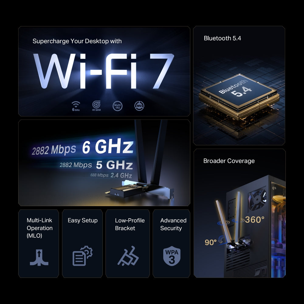 TP-Link Archer TBE400E อะแดปเตอร์ Wi-Fi 7 Bluetooth 5.4 BE6500 Wi-Fi 7 Bluetooth 5.4 PCIe Adapter อัปเกรดเดสก์ท็อปให้เป็น Wi-Fi 7