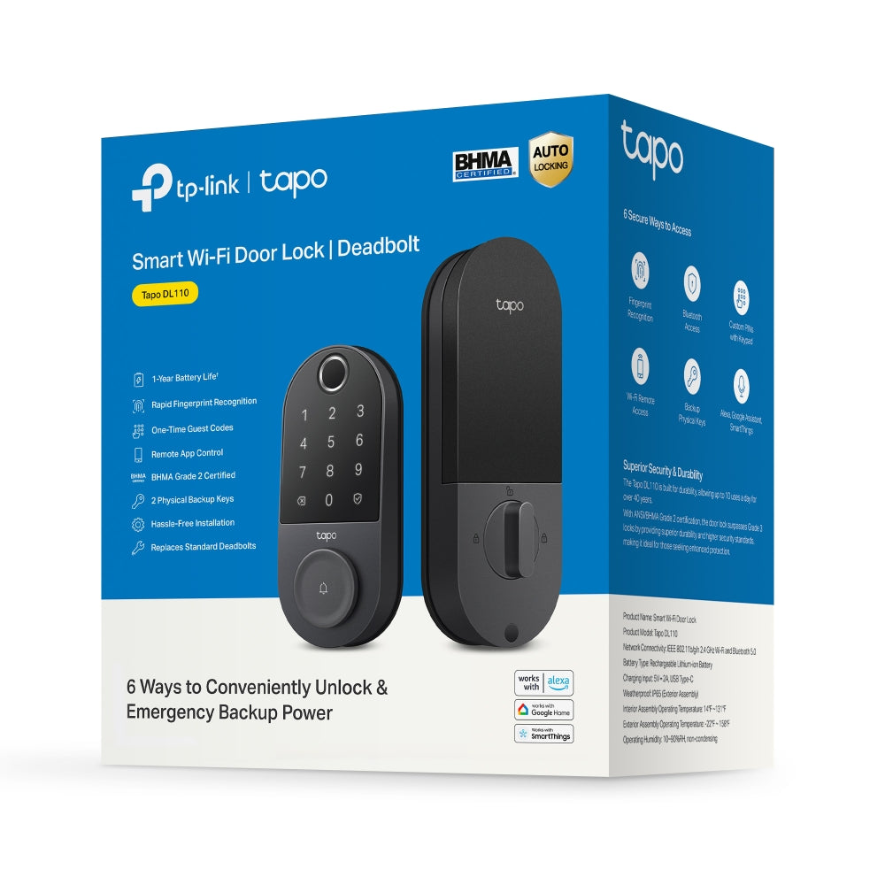 TP-Link Tapo DL110 Smart Wi-Fi Door Lock กลอนประตูดิจิทัลอัจฉริยะ IP65 ควบคุมเปิดปิดประตูผ่าน Tapo App ประกัน 2 ปี