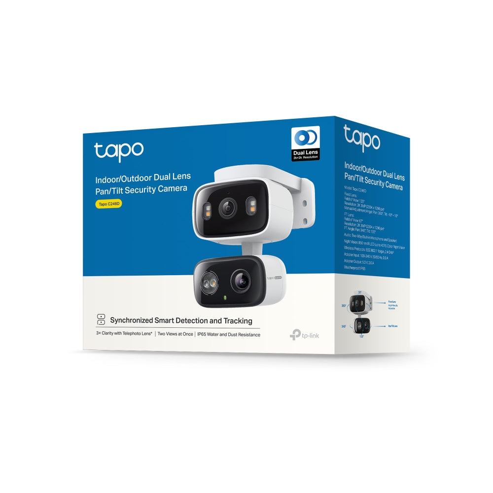 TP-Link Tapo C246D กล้อง 2 เลนส์ 6MP เลนส์มุมกว้าง 125° เทเลโฟโต้ 6 มม. กล้องวงจรปิด Pan/Tilt 2 เลนส์ สำหรับใช้ภายใน/ภายนอกอาคาร