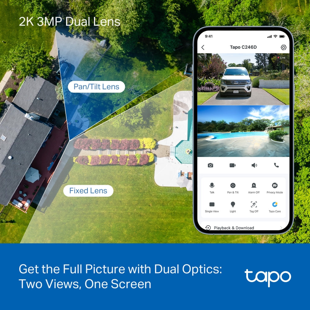 TP-Link Tapo C246D กล้อง 2 เลนส์ 6MP เลนส์มุมกว้าง 125° เทเลโฟโต้ 6 มม. กล้องวงจรปิด Pan/Tilt 2 เลนส์ สำหรับใช้ภายใน/ภายนอกอาคาร
