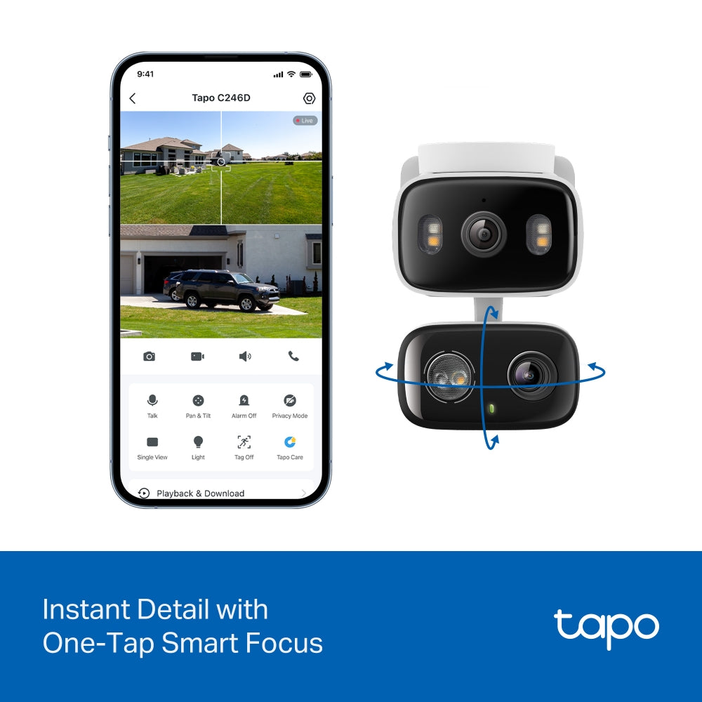 TP-Link Tapo C246D กล้อง 2 เลนส์ 6MP เลนส์มุมกว้าง 125° เทเลโฟโต้ 6 มม. กล้องวงจรปิด Pan/Tilt 2 เลนส์ สำหรับใช้ภายใน/ภายนอกอาคาร