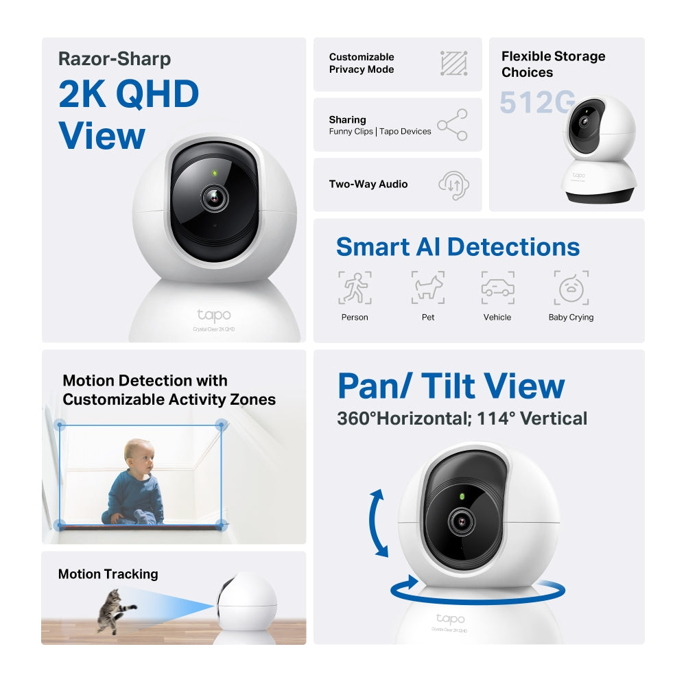 TP-Link Tapo C220 4MP 2K+ QHD Smart AI Pan/Tilt 360º Camera with Human, Animal, and Vehicle Detection and Notifications