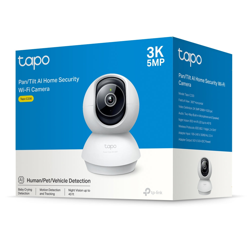 TP-Link Tapo C230 กล้อง Wi-Fi ความคมชัด 3K 5MP พร้อม AI ตรวจจับ, ภาพคมชัดเป็นพิเศษ, Pan/Tilt, AI Home Security Wi-Fi Camera, มองเห็นชัดเจนแม้ในที่แสงน้อย