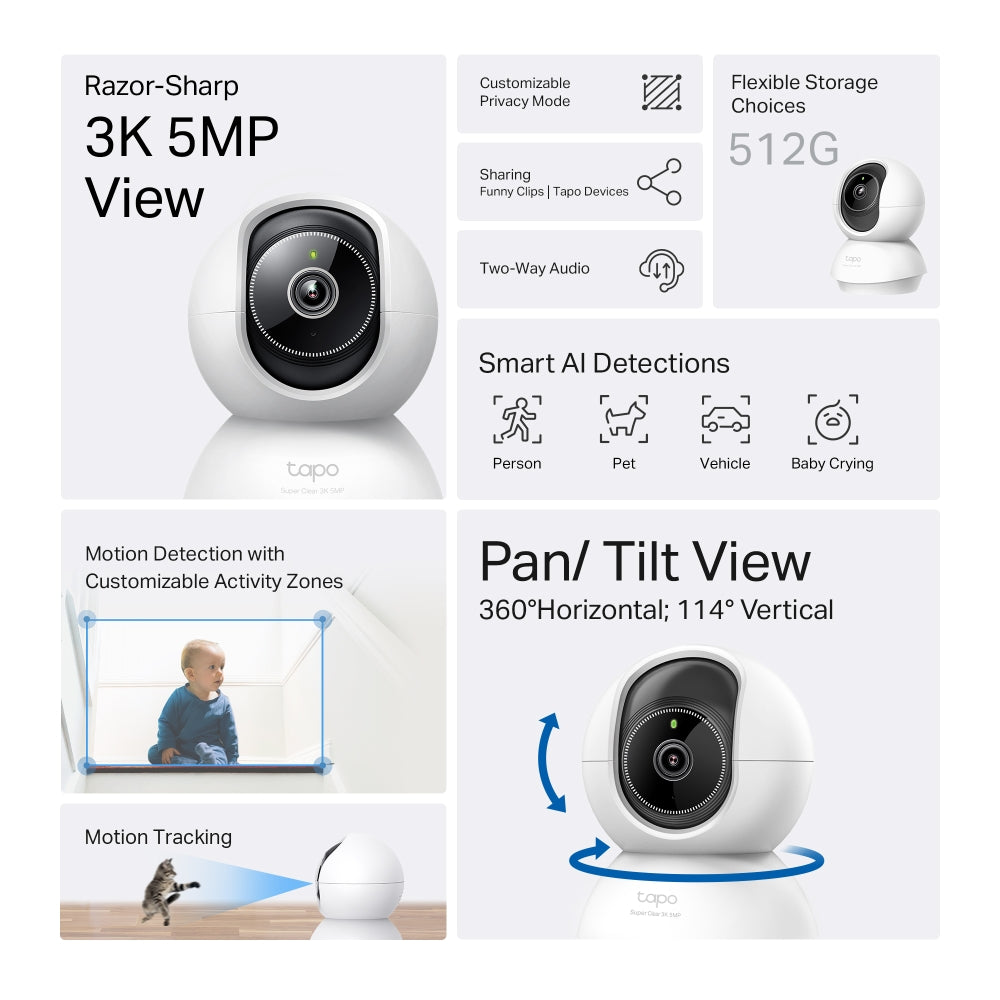 TP-Link Tapo C230 กล้อง Wi-Fi ความคมชัด 3K 5MP พร้อม AI ตรวจจับ, ภาพคมชัดเป็นพิเศษ, Pan/Tilt, AI Home Security Wi-Fi Camera, มองเห็นชัดเจนแม้ในที่แสงน้อย