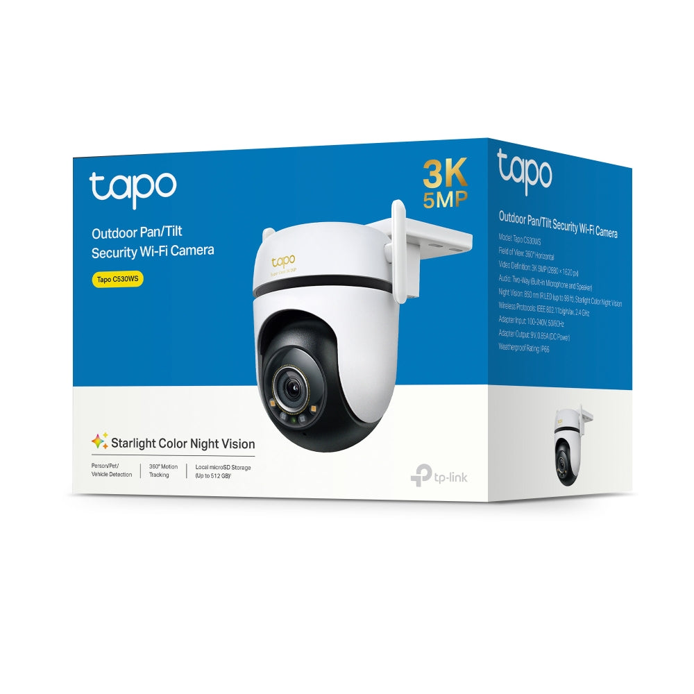 TP-Link Tapo C530WS กล้อง Wi-Fi 3K 5MP ภายนอกอาคาร IP66 AI อัจฉริยะ ภาพสีคมชัดแม้แสงน้อย 360° แนวนอน พร้อมไมโครโฟนและลำโพงในตัว