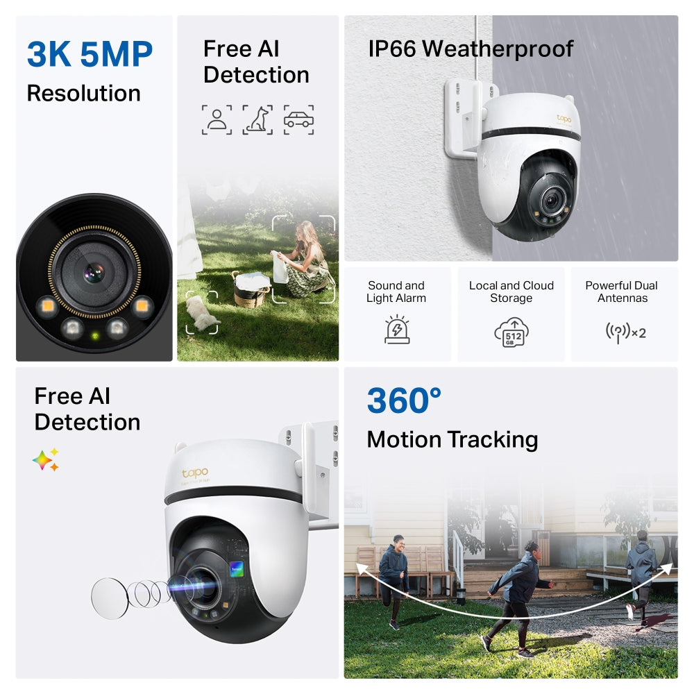 TP-Link Tapo C530WS กล้อง Wi-Fi 3K 5MP ภายนอกอาคาร IP66 AI อัจฉริยะ ภาพสีคมชัดแม้แสงน้อย 360° แนวนอน พร้อมไมโครโฟนและลำโพงในตัว