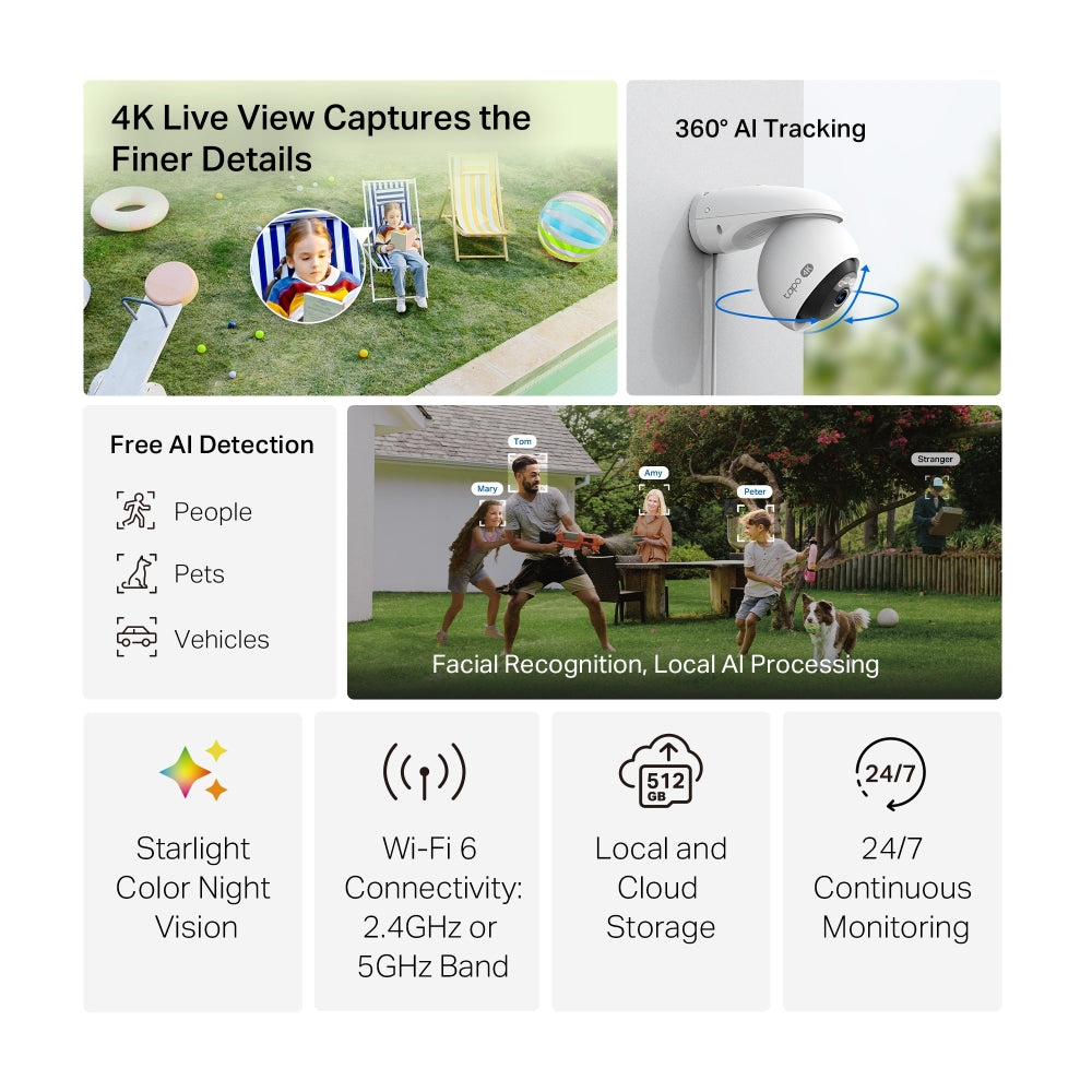 TP-Link Tapo C560WS 4K 8MP กล้อง Wi-Fi ภายนอกอาคาร IP66 พร้อม AI จดจำใบหน้าได้ กล้องวงจรปิดแบบหมุน/ก้มเงย รองรับ 2.4GHz/5GHz