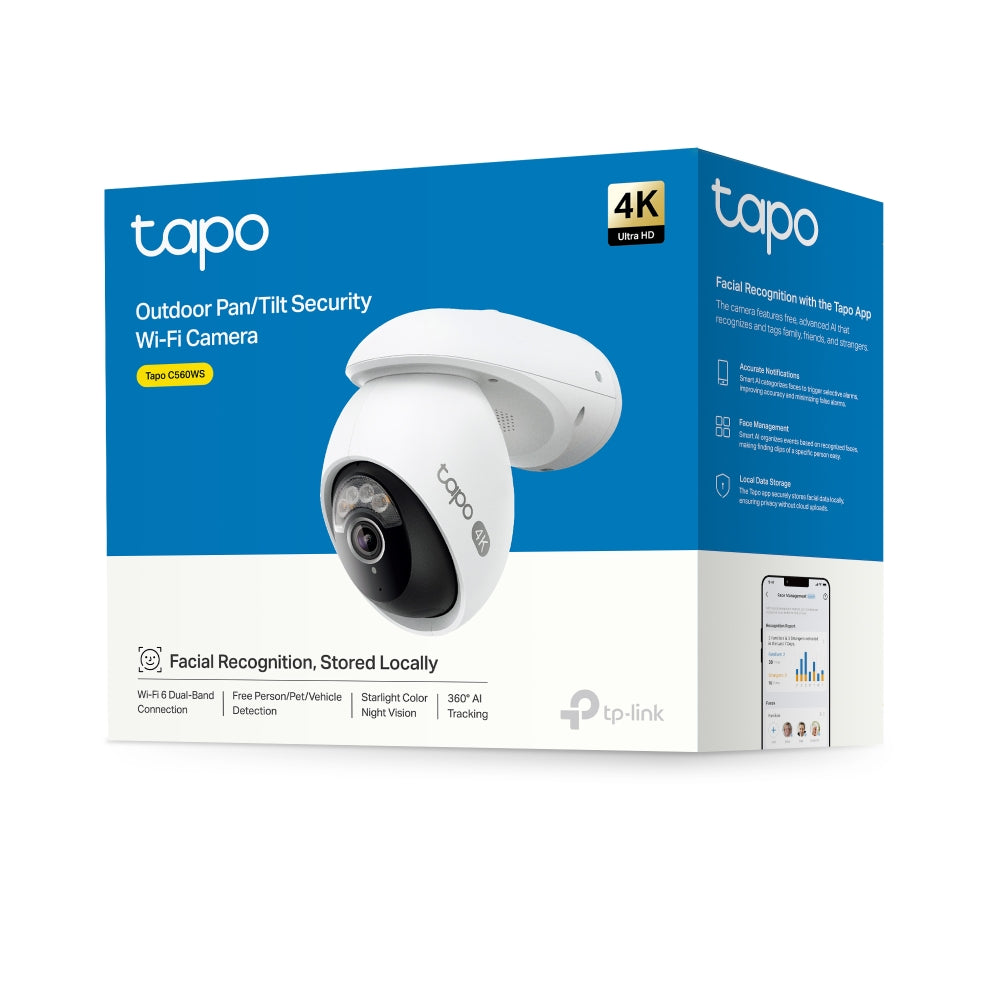 TP-Link Tapo C560WS 4K 8MP กล้อง Wi-Fi ภายนอกอาคาร IP66 พร้อม AI จดจำใบหน้าได้ กล้องวงจรปิดแบบหมุน/ก้มเงย รองรับ 2.4GHz/5GHz