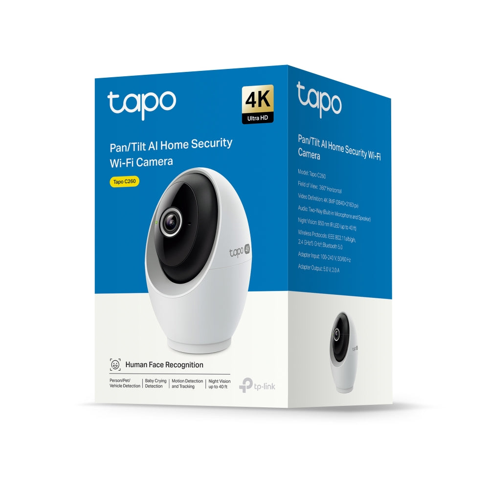TP-Link Tapo C260 กล้องไวไฟ 4K 8MP ตรวจจับใบหน้า/เสียงหมาเห่า AI มองเห็นกลางคืน 40 ฟุต Pan/Tilt AI Home Security Wi-Fi Camera