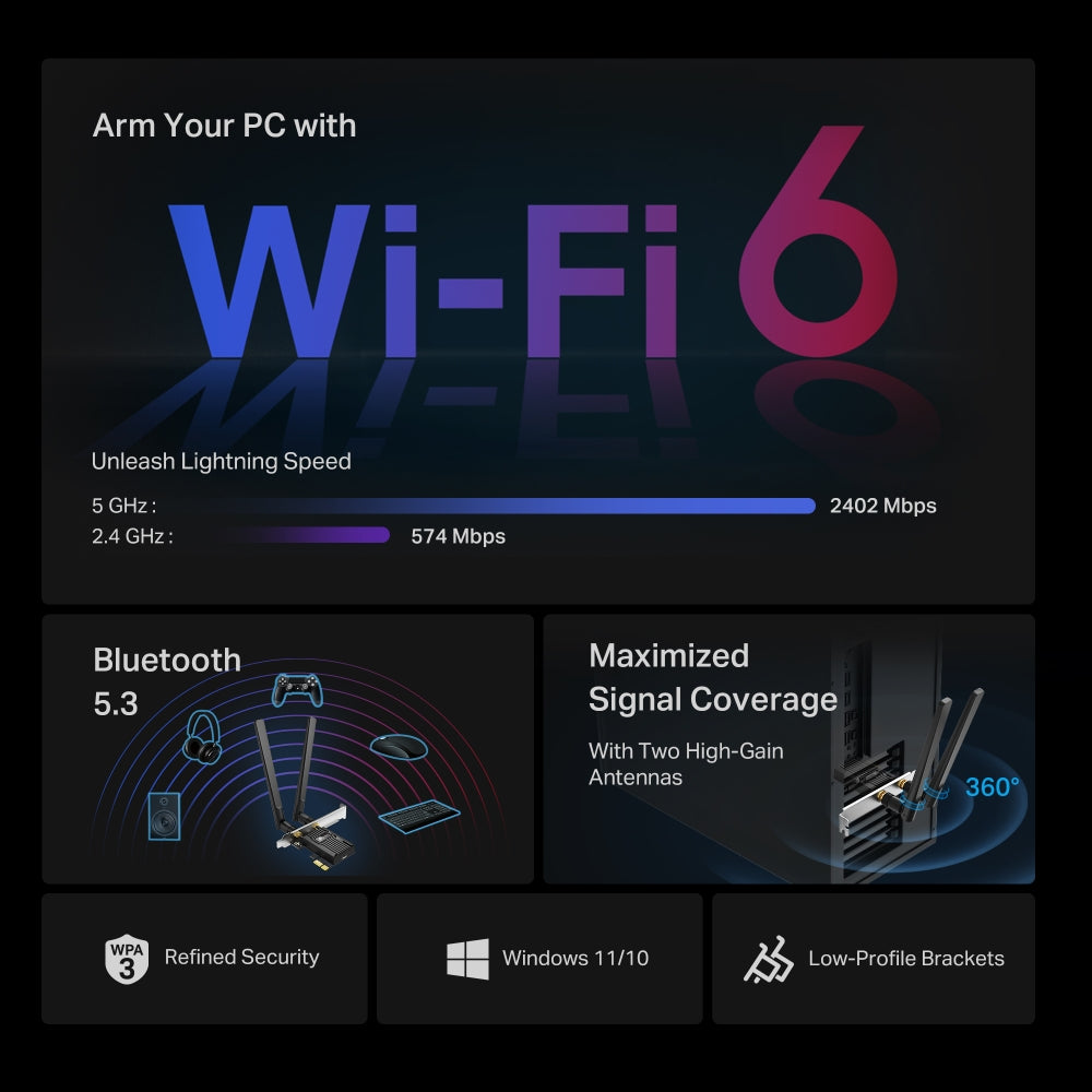 TP-Link Archer TX55E AX3000 Wi-Fi 6 Bluetooth 5.3 PCIe Adapter การ์ด WiFi 6 พร้อมบลูทูธ 5.3 สำหรับคอมพิวเตอร์