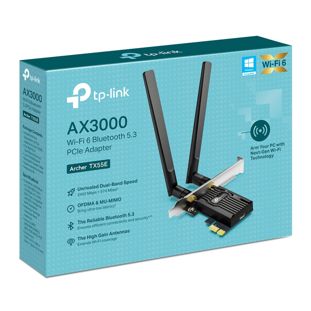 TP-Link Archer TX55E AX3000 Wi-Fi 6 Bluetooth 5.3 PCIe Adapter การ์ด WiFi 6 พร้อมบลูทูธ 5.3 สำหรับคอมพิวเตอร์