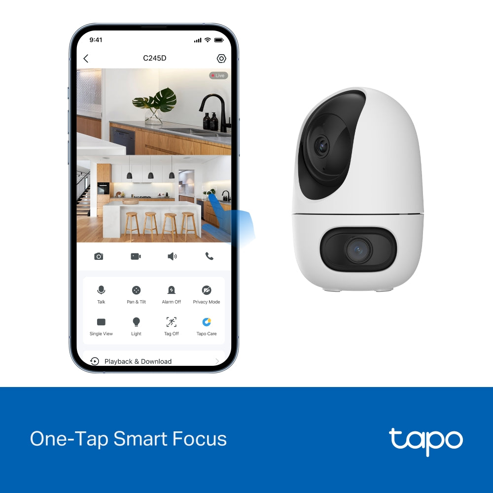 TP-Link Tapo C245D กล้องวงจรปิดเลนส์คู่ 2K 3MP เลนส์กว้าง 122°/ เทเล 6 มม. มี AI ตรวจจับคน สัตว์ รถ เสียงเด็กร้อง หมุนและเอียงได้