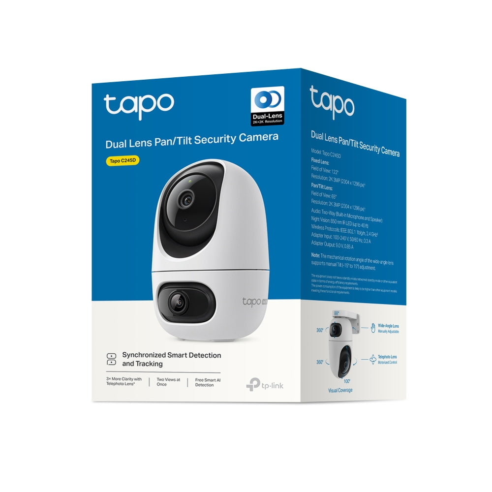 TP-Link Tapo C245D กล้องวงจรปิดเลนส์คู่ 2K 3MP เลนส์กว้าง 122°/ เทเล 6 มม. มี AI ตรวจจับคน สัตว์ รถ เสียงเด็กร้อง หมุนและเอียงได้