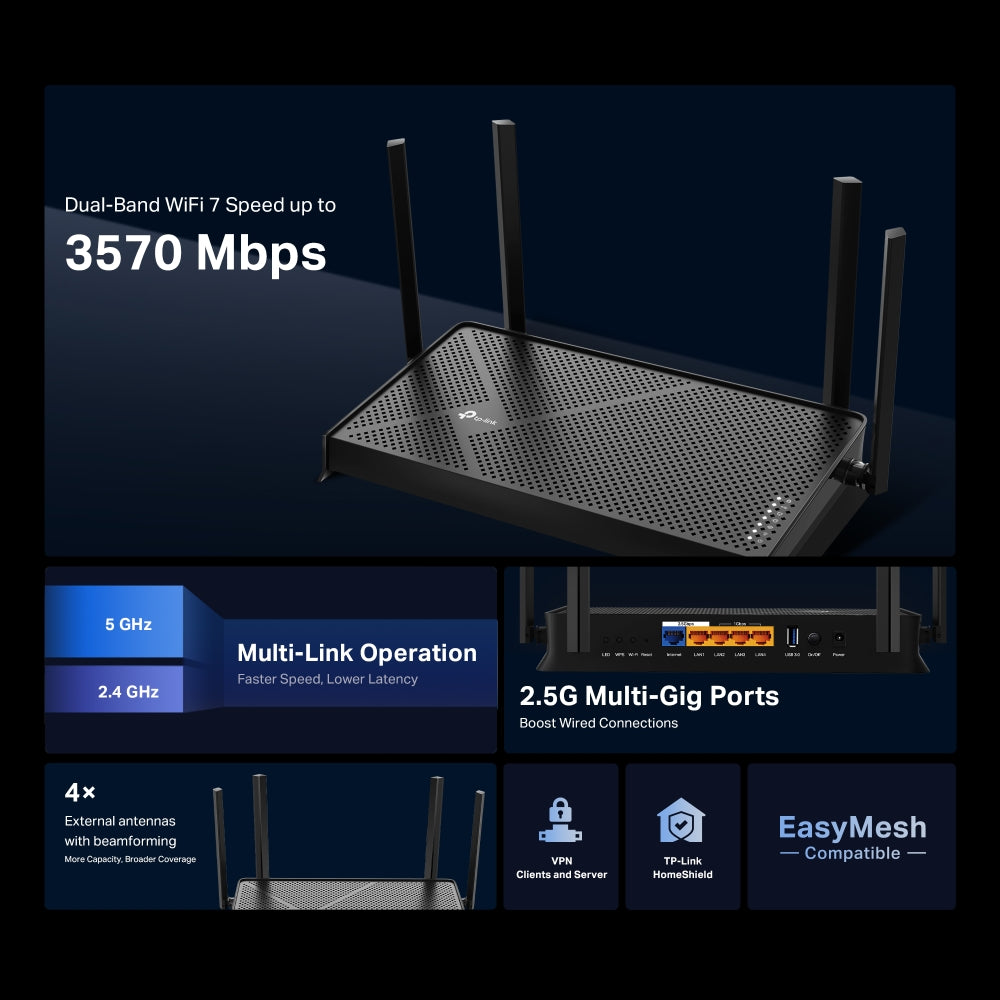 TP-Link Archer BE220 (1G)/ Archer BE230 (2.5G) เราเตอร์ Wi-Fi 7 BE3600 Dual-Band รองรับ EasyMesh