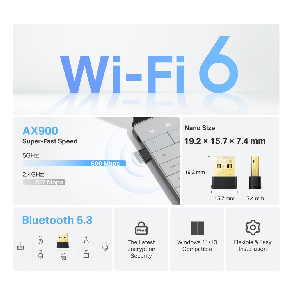 TP-Link Archer TX10UB Nano USB Adapter, Bluetooth 5.3 AX900 Nano Wi-Fi 6 Bluetooth 5.3 USB Adapter, Limited Lifetime Warranty