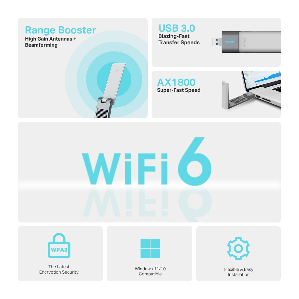 TP-Link Archer TX20UH AX1800 High-Gain Wireless USB Adapter Dual-Band WiFi 6 Receiver