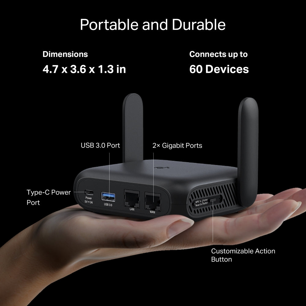 TP-Link TL-WR1512X AX1500 Wi-Fi 6 Travel Router, weighs 190g. Ideal for AR/VR gaming, 4K streaming, and video conferencing.