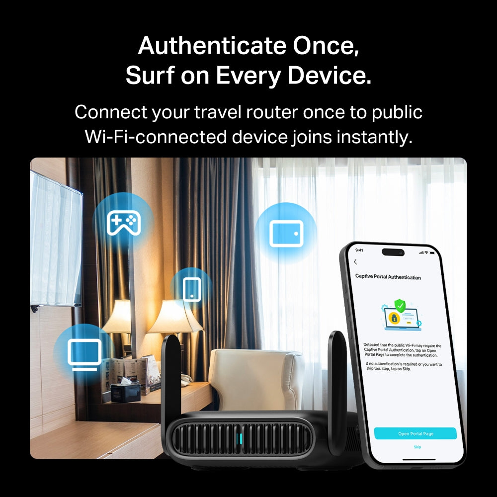 TP-Link TL-WR1512X AX1500 Wi-Fi 6 Travel Router, weighs 190g. Ideal for AR/VR gaming, 4K streaming, and video conferencing.