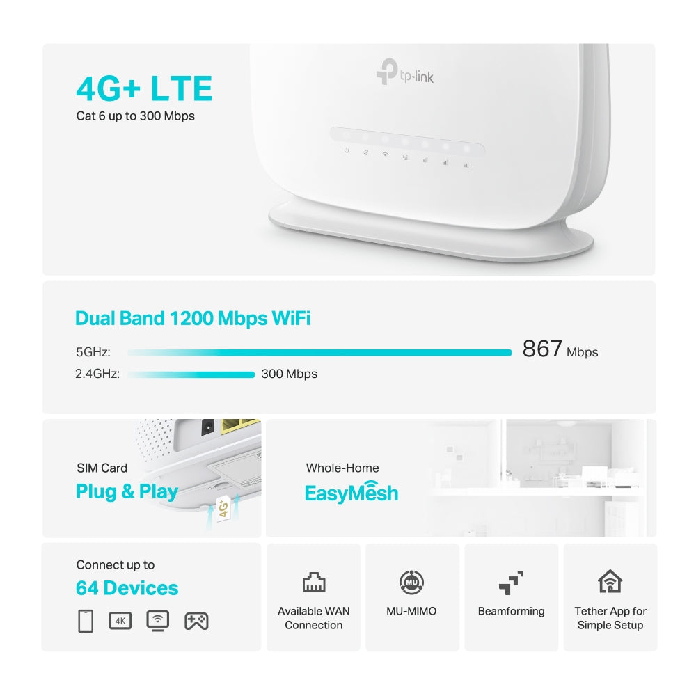 TP-Link Archer MR505 เราเตอร์ใส่ซิม 4G+ Cat6 AC1200 Wireless Dual Band Gigabit Router แค่เสียบซิมการ์ดก็สามารถใช้งานได้ทันที