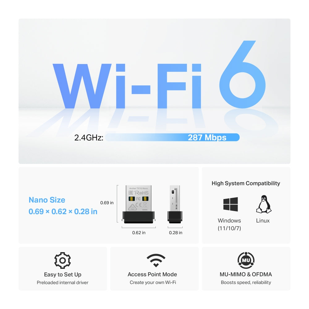 TP-Link Archer TX1U Nano AX300 Nano Wi-Fi 6 Wireless USB Adapter Limited Lifetime Warranty
