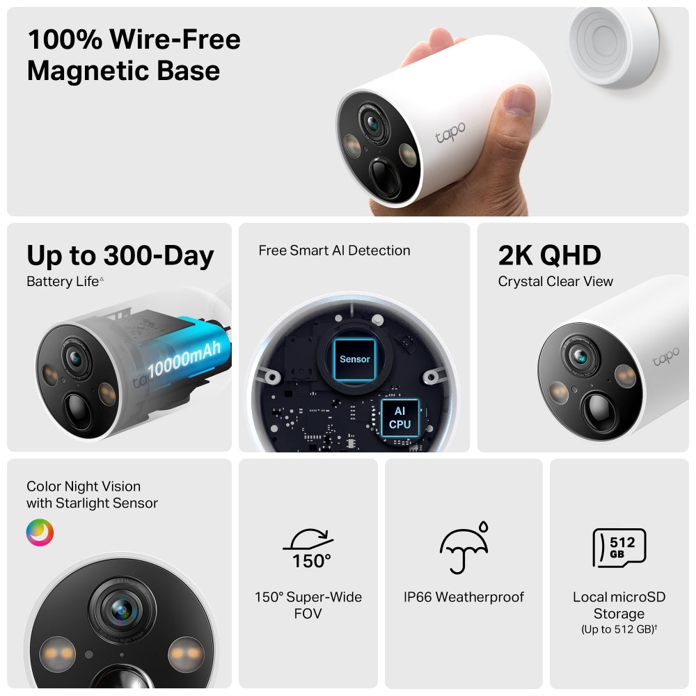 TP-Link Tapo C425 กล้องวงจรปิดไร้สาย 4MP 2K QHD IP66 / Tapo C425 KIT (ไม่มีฐานแม่เหล็ก) ชุดกล้องวงจรปิดพร้อมแผงโซลาร์เซลล์