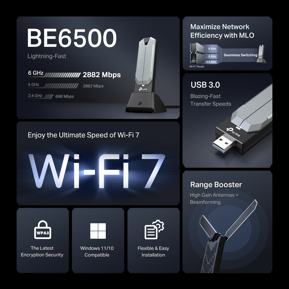 TP-Link Archer TBE400UH อะแดปเตอร์ Wi-Fi 7 BE6500 อะแดปเตอร์ USB ไร้สายกำลังขยายสูง Wi-Fi 7