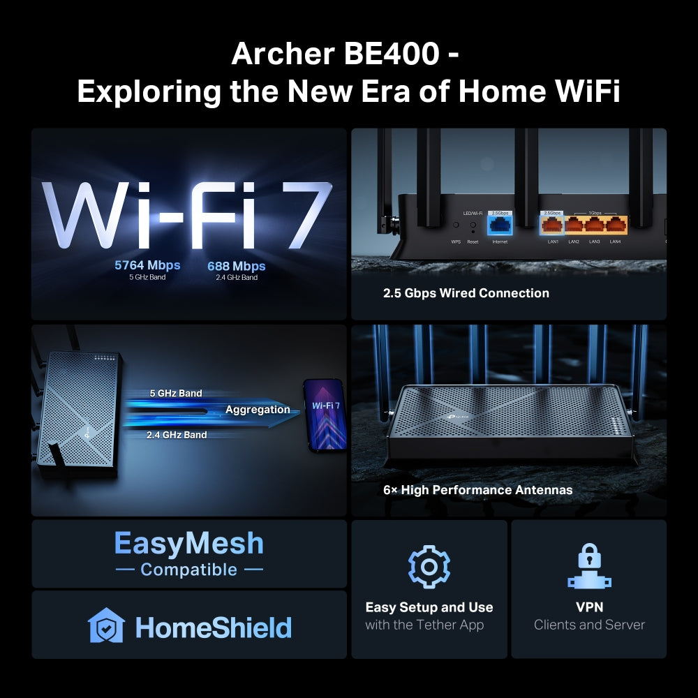 TP-Link Archer BE400 เราเตอร์ Wi-Fi 7 BE6500 Dual-Band Wi-Fi 7 รองรับ EasyMesh เพื่อสร้างเครือข่าย Wi-Fi ที่ครอบคลุม