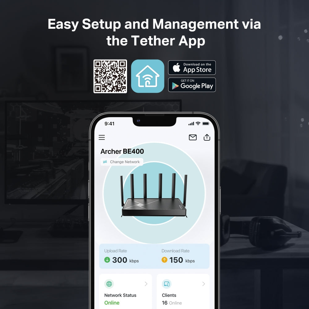 TP-Link Archer BE400 เราเตอร์ Wi-Fi 7 BE6500 Dual-Band Wi-Fi 7 รองรับ EasyMesh เพื่อสร้างเครือข่าย Wi-Fi ที่ครอบคลุม