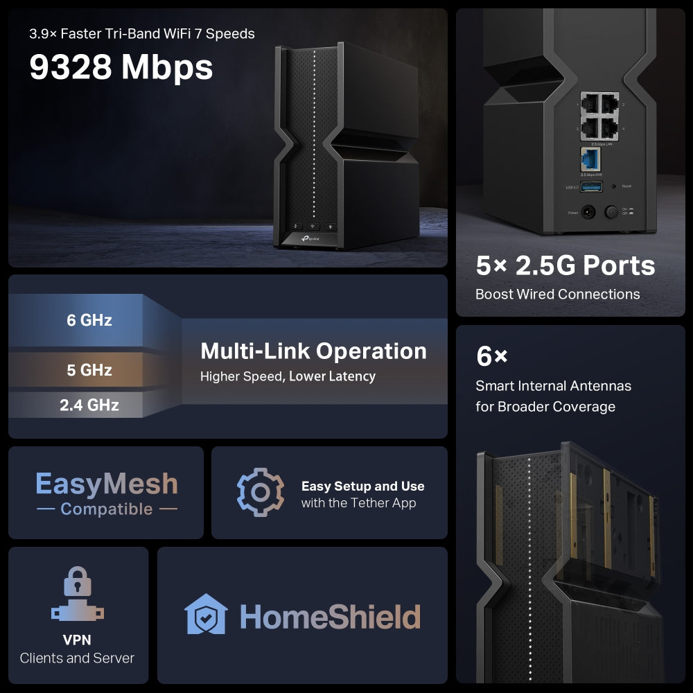 TP-Link Archer BE550 เราเตอร์ไวไฟ 7 BE9300 Tri-Band Wi-Fi 7 Router ดาวน์โหลดไฟล์ด้วยความเร็วสูงได้ ไม่มีสะดุด