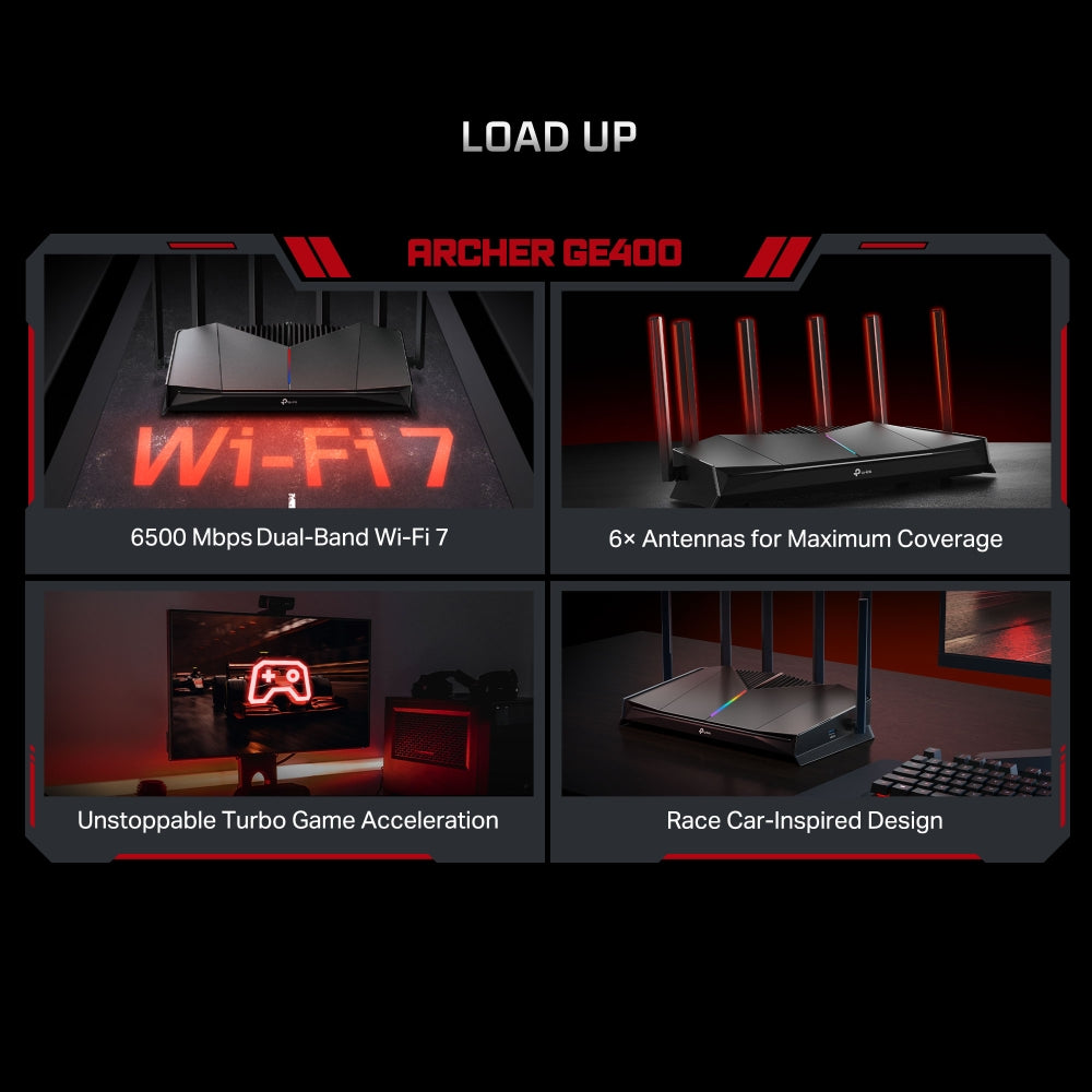 TP-Link Archer GE400 ┃WiFi 7 Gaming Router┃เราเตอร์ไวไฟ7 ┃เราเตอร์สำหรับเล่นเกม┃BE6500 Dual-Band Wi-Fi 7 Gaming Router