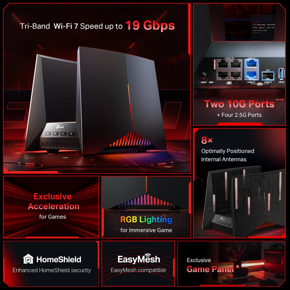 TP-Link Archer GE800 เราเตอร์ไวไฟ 7 BE19000 Tri-Band Wi-Fi 7 Gaming Router พร้อมพอร์ต Gaming และไฟ RGB