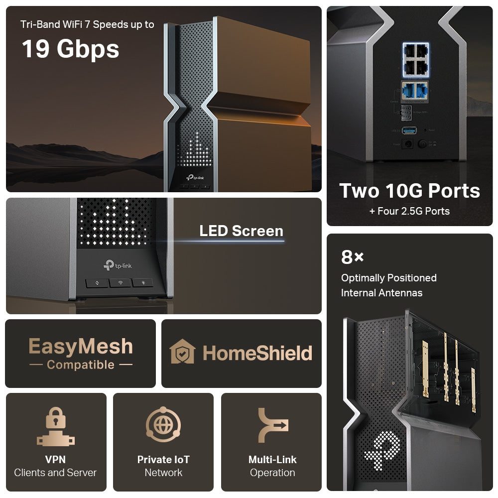 TP-Link Archer BE800 เราเตอร์ Wi-Fi 7 BE19000 Tri-Band Wi-Fi 7 Router เพลิดเพลินกับการสตรีมวิดีโอ 4K/8K และเล่นเกม AR/VR ที่เหนือกว่า