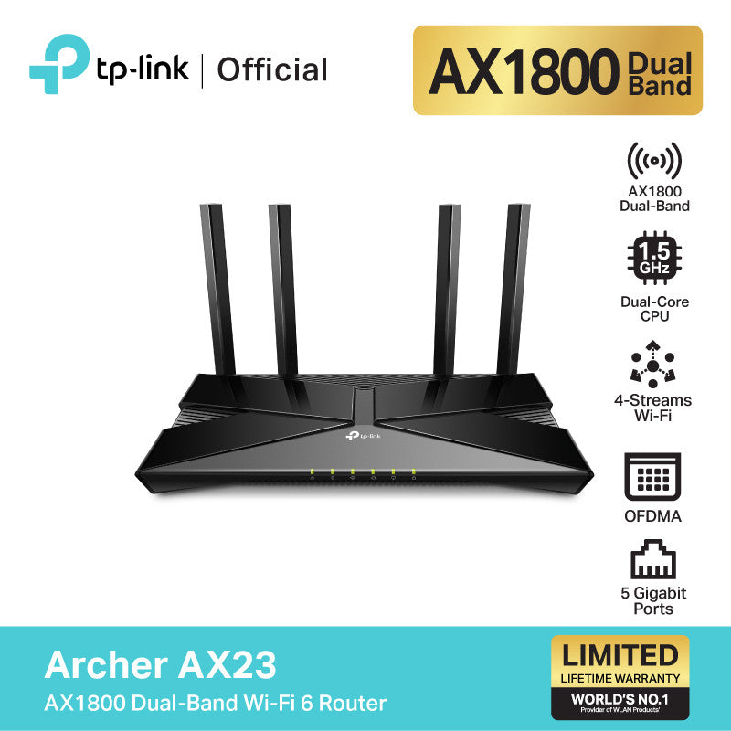 TP-Link Archer AX23 AX1800 Dual-Band เราเตอร์ Wi-Fi 6 (ไม่รองรับการใส่ซิม) สนุกกับเกมออนไลน์ สตรีมมิ่ง การไลฟ์ที่ไม่สะดุด