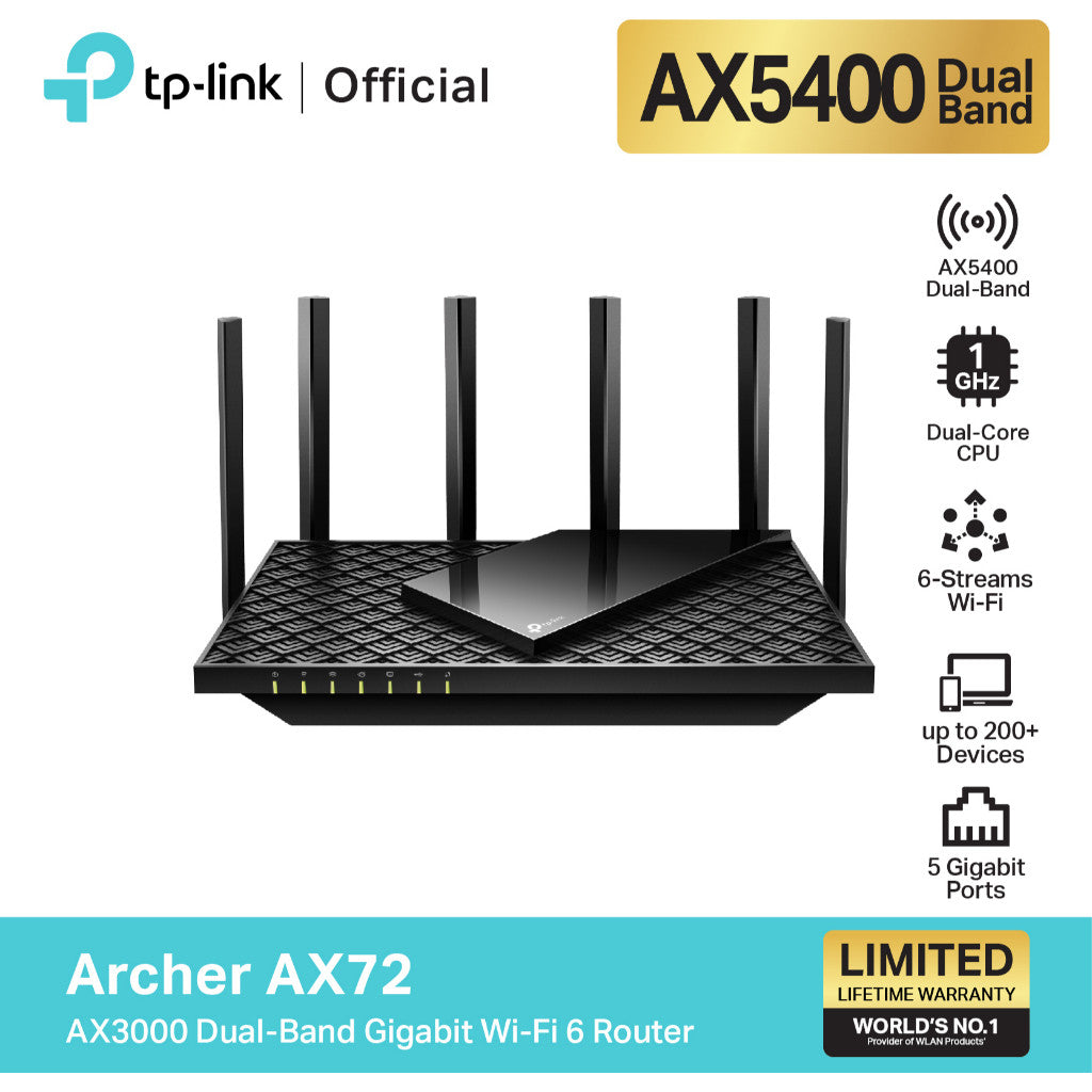 TP-Link Archer AX72 AX5400 Dual-Band Gigabit Wi-Fi 6 Router สำหรับสตรีมมิ่ง 8K เกมออนไลน์ พร้อม 6 เสาสัญญาณคุณภาพสูง