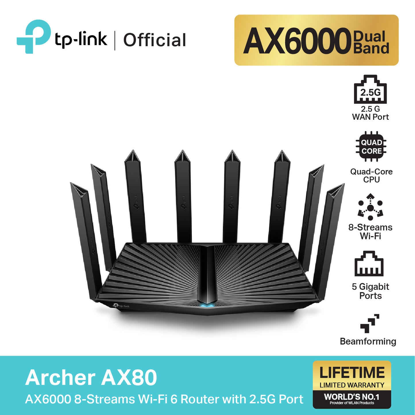 TP-Link Archer AX80 AX6000 เราเตอร์ Wi-Fi 6 แบบ 8 สตรีม พร้อมพอร์ต 2.5G