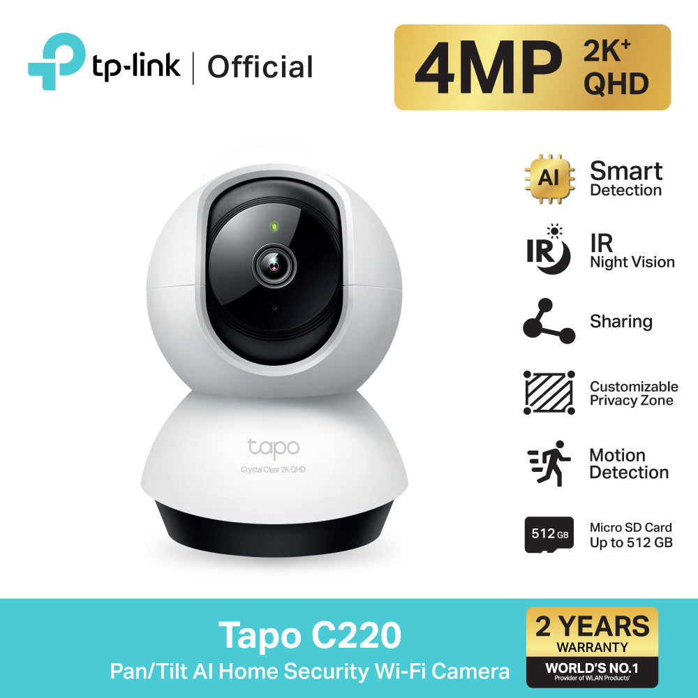 TP-Link Tapo C220 4MP 2K+ QHD Smart AI Pan/Tilt 360º Camera with Human, Animal, and Vehicle Detection and Notifications