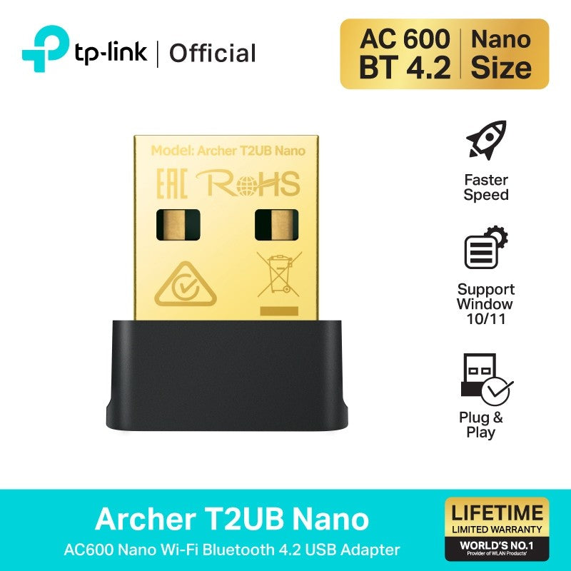 TP-Link Archer T2UB Nano AC600 Nano Wi-Fi Bluetooth 4.2 USB Adapter ตัวรับสัญญาณไวไฟและบลูทูธ 4.2 สำหรับคอมพิวเตอร์โน้ตบุ๊ก