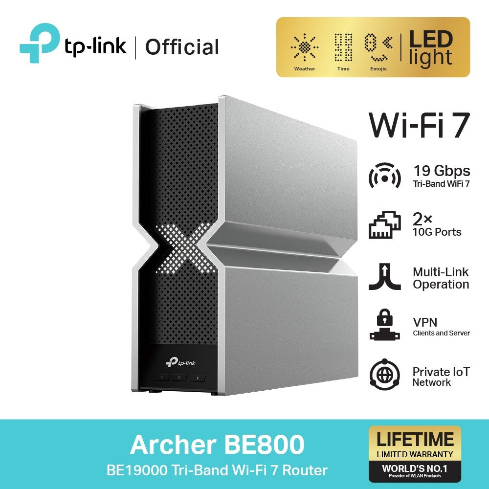 TP-Link Archer BE800 เราเตอร์ Wi-Fi 7 BE19000 Tri-Band Wi-Fi 7 Router เพลิดเพลินกับการสตรีมวิดีโอ 4K/8K และเล่นเกม AR/VR ที่เหนือกว่า