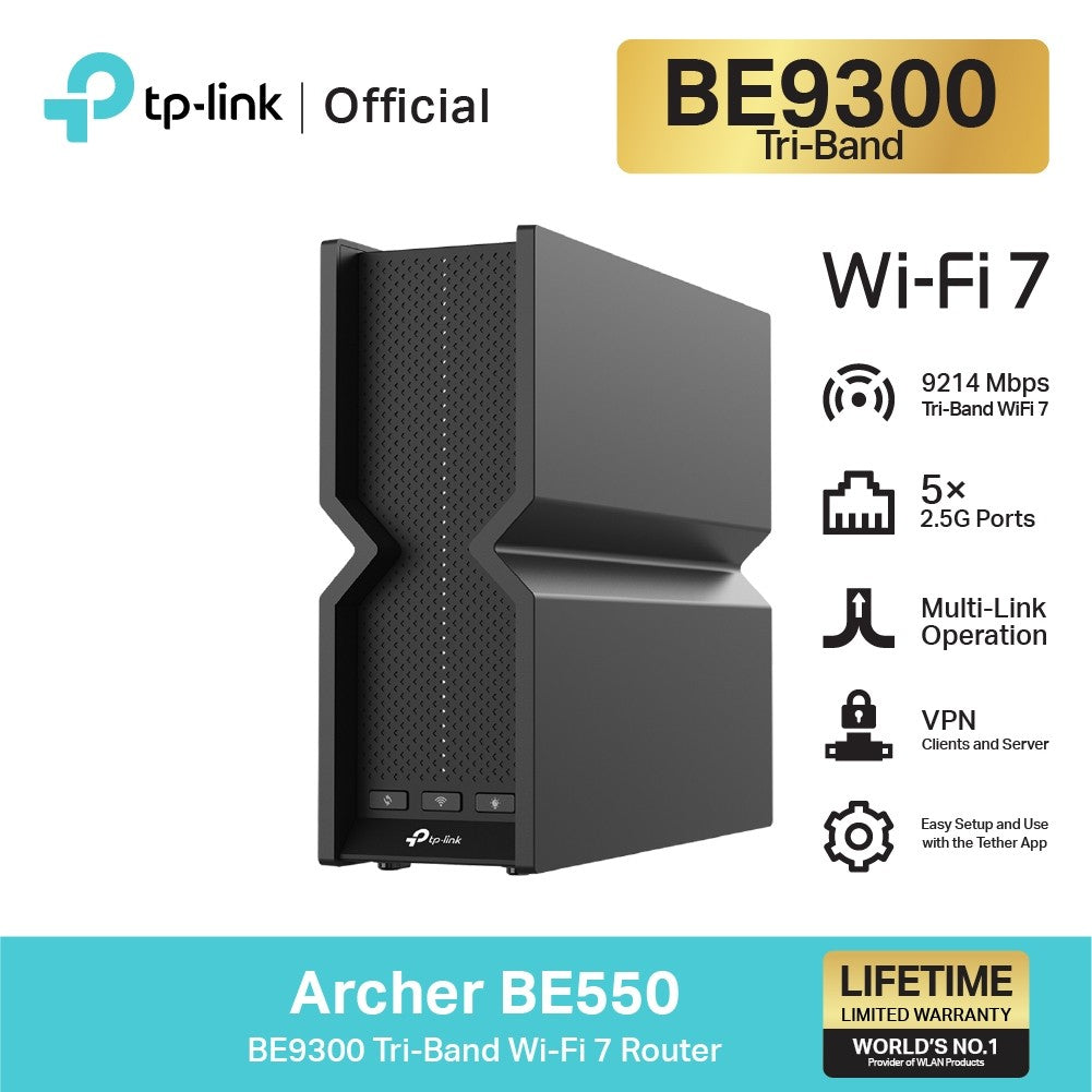 TP-Link Archer BE550 เราเตอร์ไวไฟ 7 BE9300 Tri-Band Wi-Fi 7 Router ดาวน์โหลดไฟล์ด้วยความเร็วสูงได้ ไม่มีสะดุด