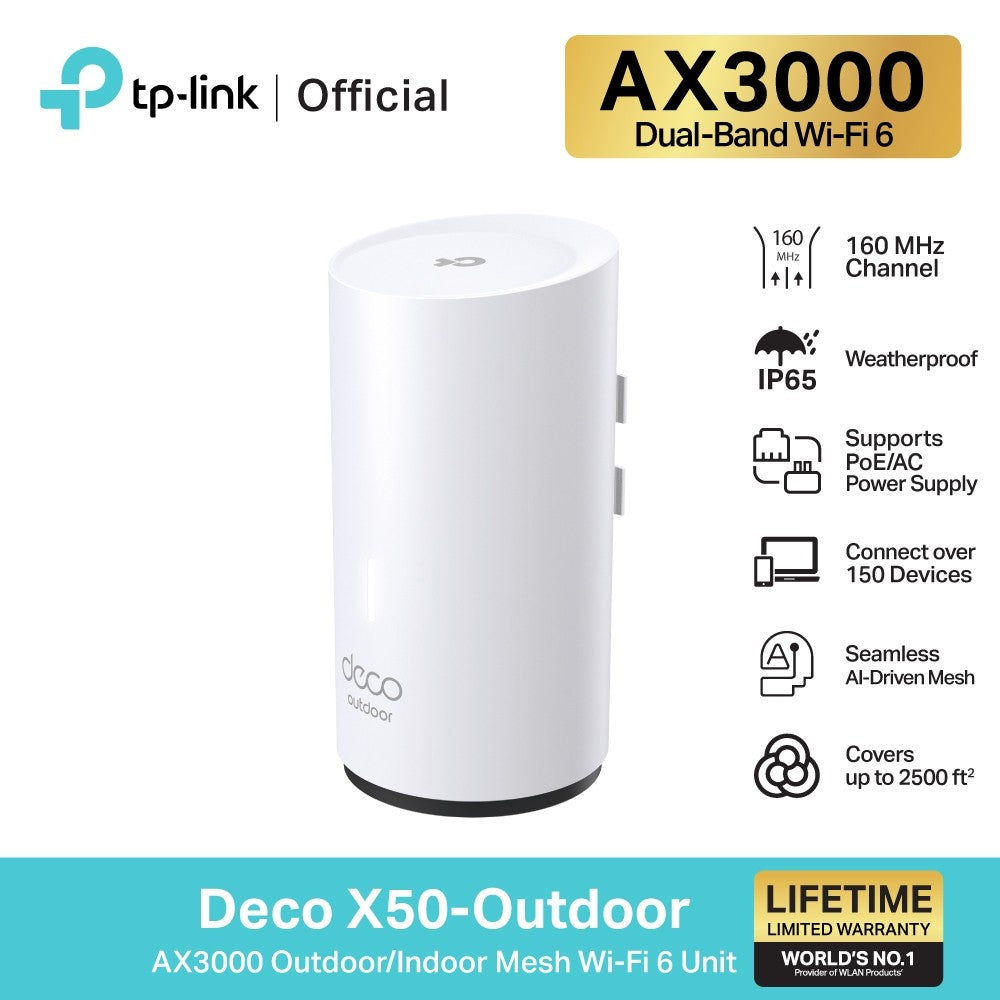 TP-Link Deco X50-Outdoor AX3000 เราเตอร์ Wi-Fi 6 สำหรับใช้ภายนอกอาคาร IP65 กันน้ำกันฝุ่น Mesh Wi-Fi 6 ใช้งานได้ทั้งภายนอก/ภายใน