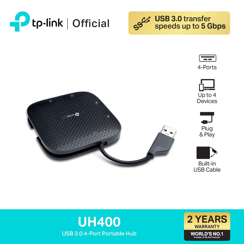 TP-Link UH400 (USB 3.0 4-Port Portable Hub) USB 3.0 ports, compact design, data transfer speeds up to 5Gbps