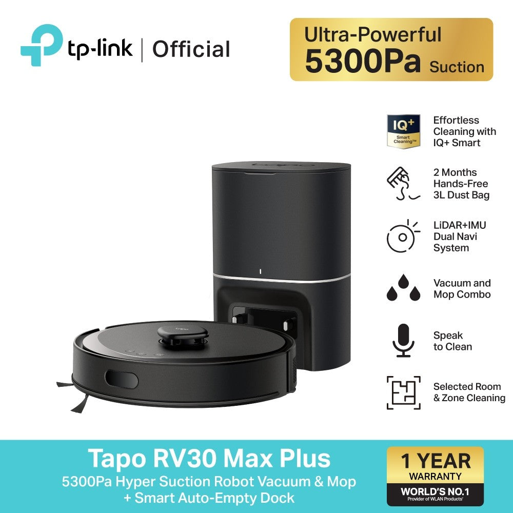TP-Link Tapo RV30 Max Plus หุ่นยนต์ดูดฝุ่น 5300Pa Hyper Suction Robot Vacuum & Mop + Smart Auto-Empty Dock รับประกัน 1 ปี