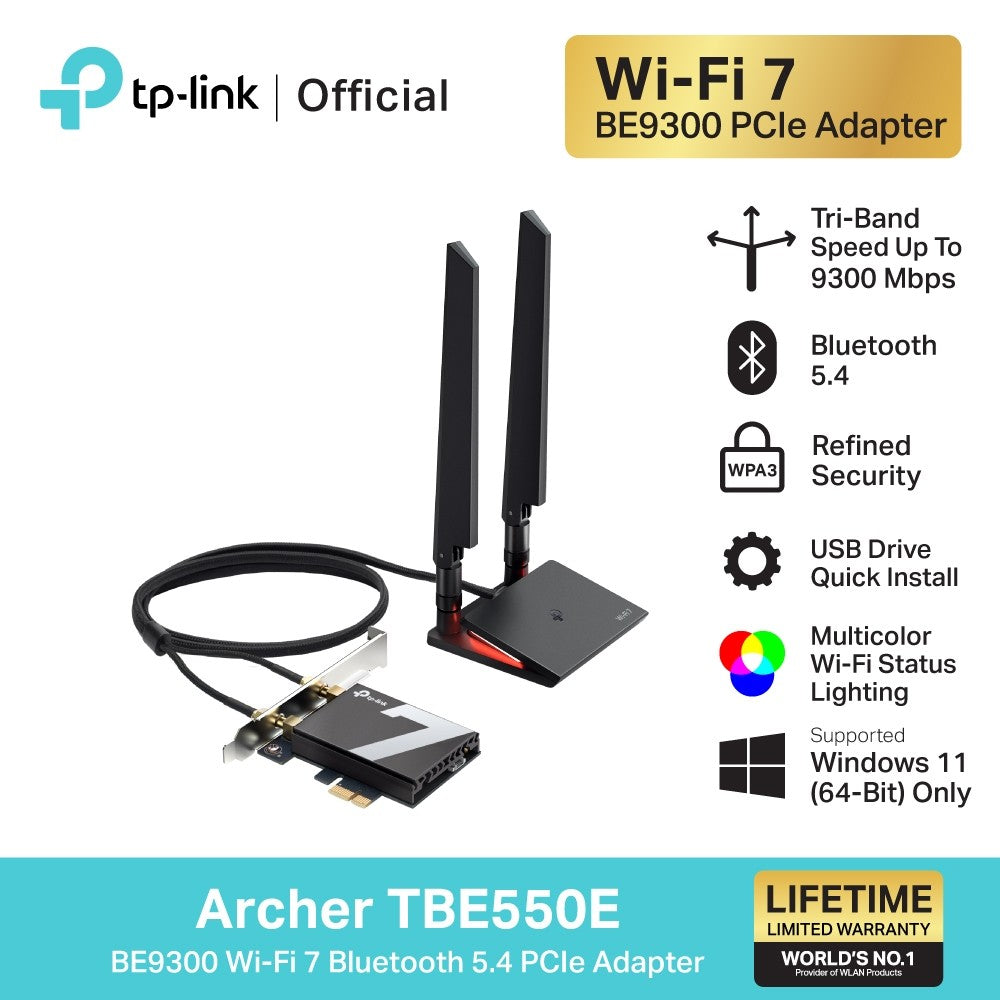 TP-Link Archer TBE550E BE9300 Wi-Fi 7 Bluetooth 5.4 PCIe Adapter for PC upgrades with Limited Lifetime Warranty
