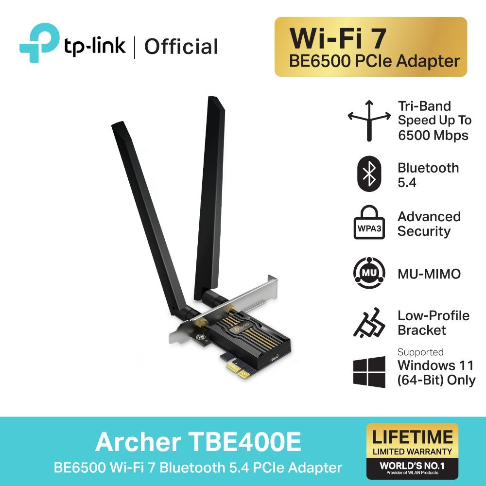 TP-Link Archer TBE400E อะแดปเตอร์ Wi-Fi 7 Bluetooth 5.4 BE6500 Wi-Fi 7 Bluetooth 5.4 PCIe Adapter อัปเกรดเดสก์ท็อปให้เป็น Wi-Fi 7