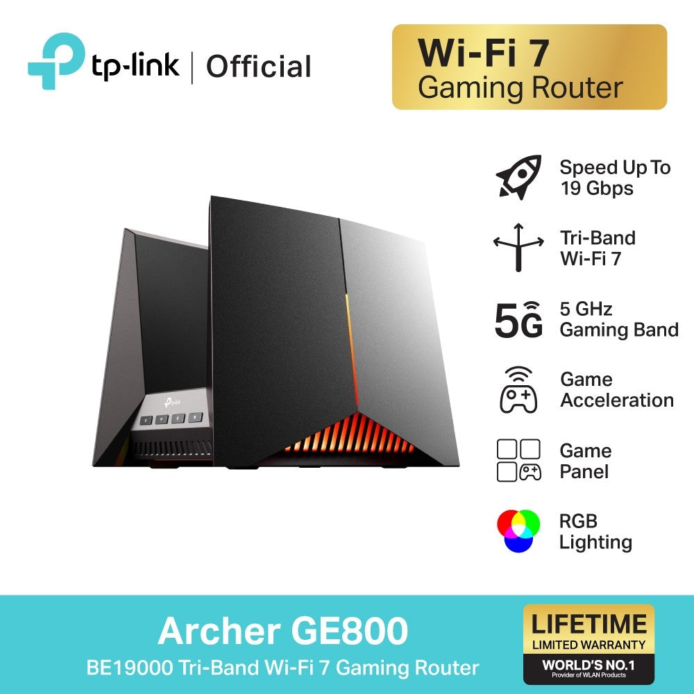 TP-Link Archer GE800 เราเตอร์ไวไฟ 7 BE19000 Tri-Band Wi-Fi 7 Gaming Router พร้อมพอร์ต Gaming และไฟ RGB
