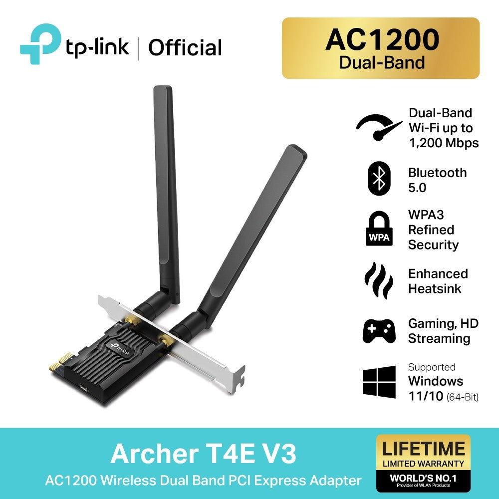 TP-Link Archer T4E V3 Wi-Fi Card พร้อม Bluetooth 5.0 สำหรับคอมพิวเตอร์ AC1200 Wireless Dual Band PCI Express Adapter
